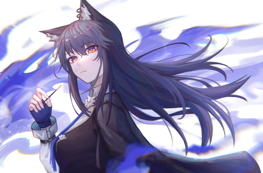 1girl absurdres animal_ear_fluff animal_ears arknights black_hair blue_gloves blue_necktie breasts closed_mouth fingerless_gloves fire floating_hair food from_side gloves highres holding holding_food large_breasts long_hair long_sleeves looking_at_viewer looking_to_the_side molingxiang_chimangguo necktie orange_eyes pocky purple_fire simple_background solo texas_(arknights) texas_the_omertosa_(arknights) upper_body white_background wolf_ears