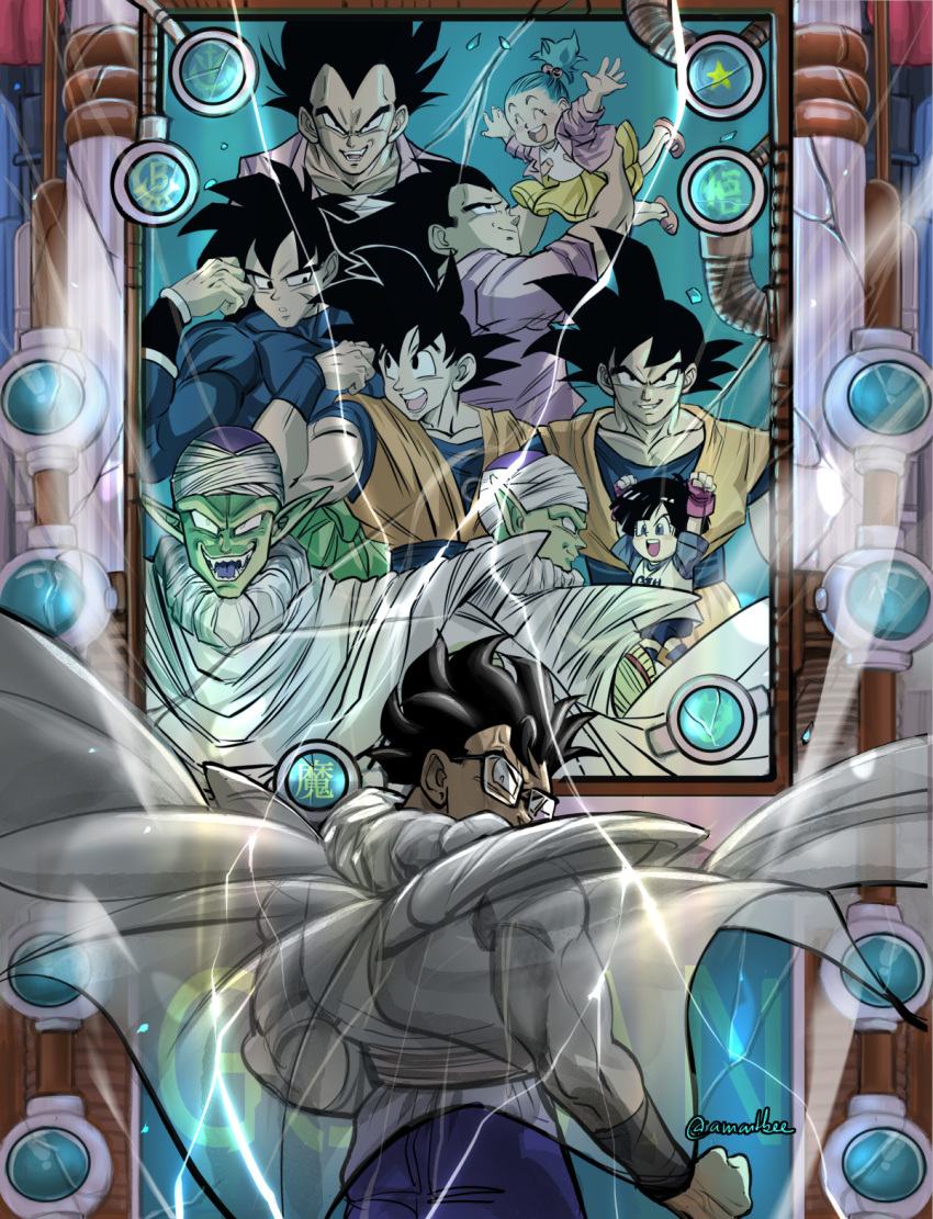 amartbee anger_vein black_eyes black_hair blue_eyes blue_hair bra_(dragon_ball) broly_(dragon_ball_super) cape clenched_hands collarbone colored_skin dragon_ball dragon_ball_super dragon_ball_super_super_hero electricity evil_smile fangs fingerless_gloves flexing from_behind glasses gloves green_skin highres looking_back muscular muscular_male open_mouth pan_(dragon_ball) piccolo pointy_ears pose see-through shoulder_pads smile son_goku turban twitter_username vegeta