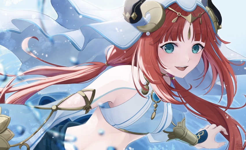 1girl absurdres bangs breasts eyebrows_hidden_by_hair fake_horns genshin_impact green_eyes hat highres horns jewelry kinaco_4738 long_hair looking_at_viewer nilou_(genshin_impact) open_mouth redhead smile solo veil water