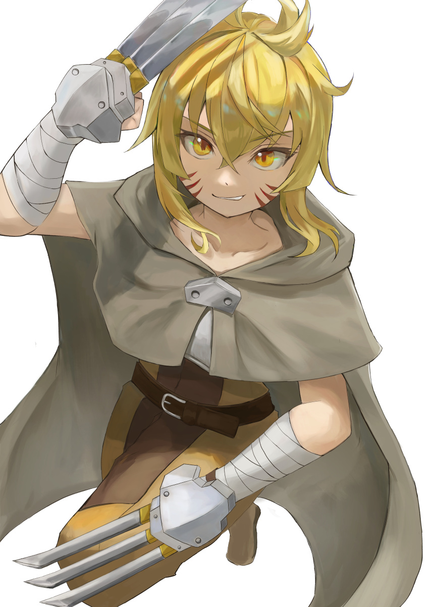 1girl absurdres argo_the_rat bandaged_arm bandages bangs blonde_hair cape commentary_request crossed_bangs dutch_angle facial_mark highres looking_at_viewer moon night smile smirk solo suzui_sen sword_art_online weapon_request whisker_markings white_background yellow_eyes