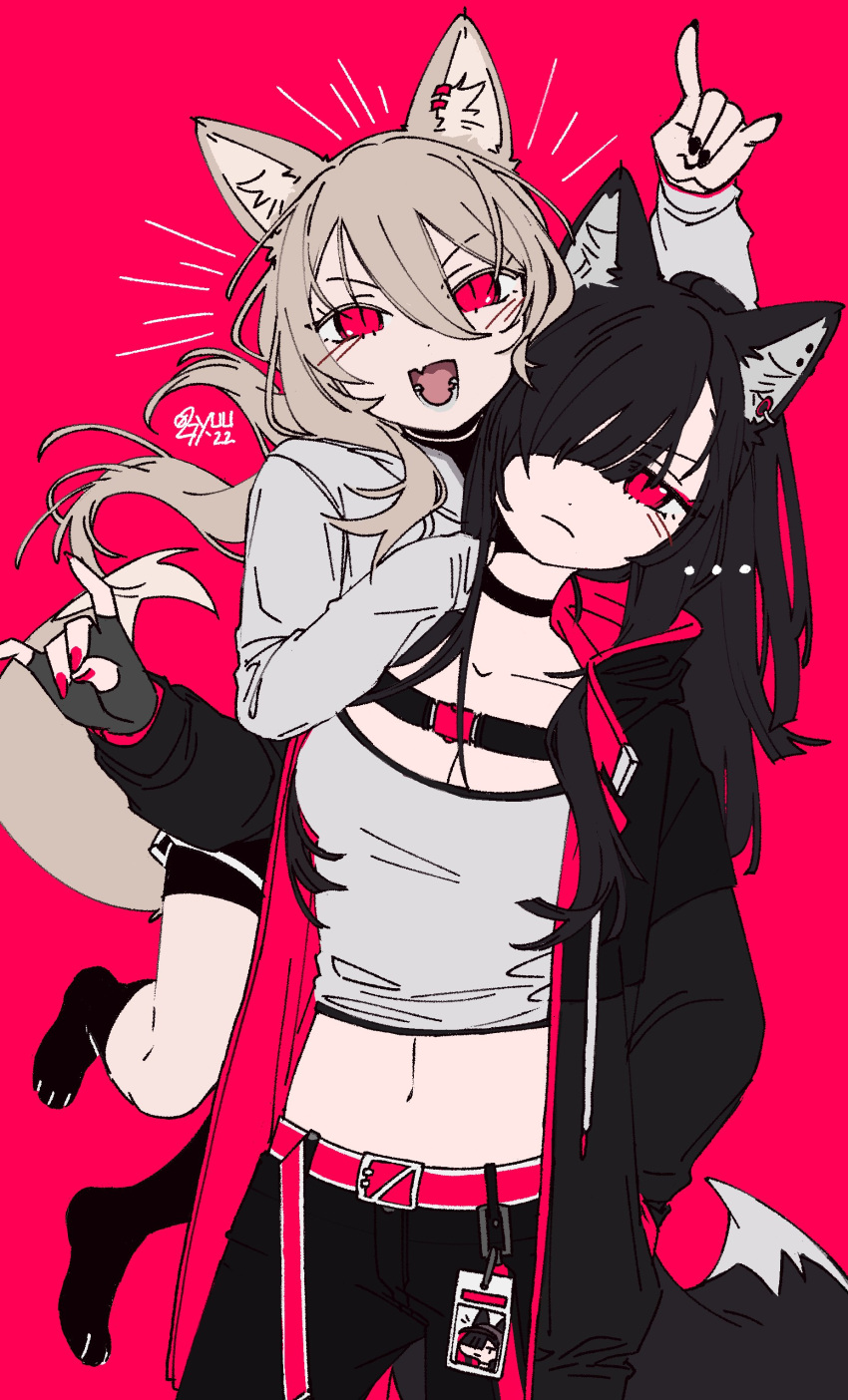 ... 027yuu 2girls absurdres animal_ear_fluff animal_ears bangs black_choker black_gloves black_hair black_jacket black_socks cat_ears cat_girl choker closed_mouth fang fingerless_gloves frown gloves grey_hair hair_between_eyes hair_ornament hair_over_one_eye hairpin hand_on_another's_shoulder highres jacket long_hair looking_at_viewer multiple_girls name_tag open_clothes open_jacket open_mouth original pink_background pink_eyes pink_nails skin_fang smile socks tank_top white_tank_top