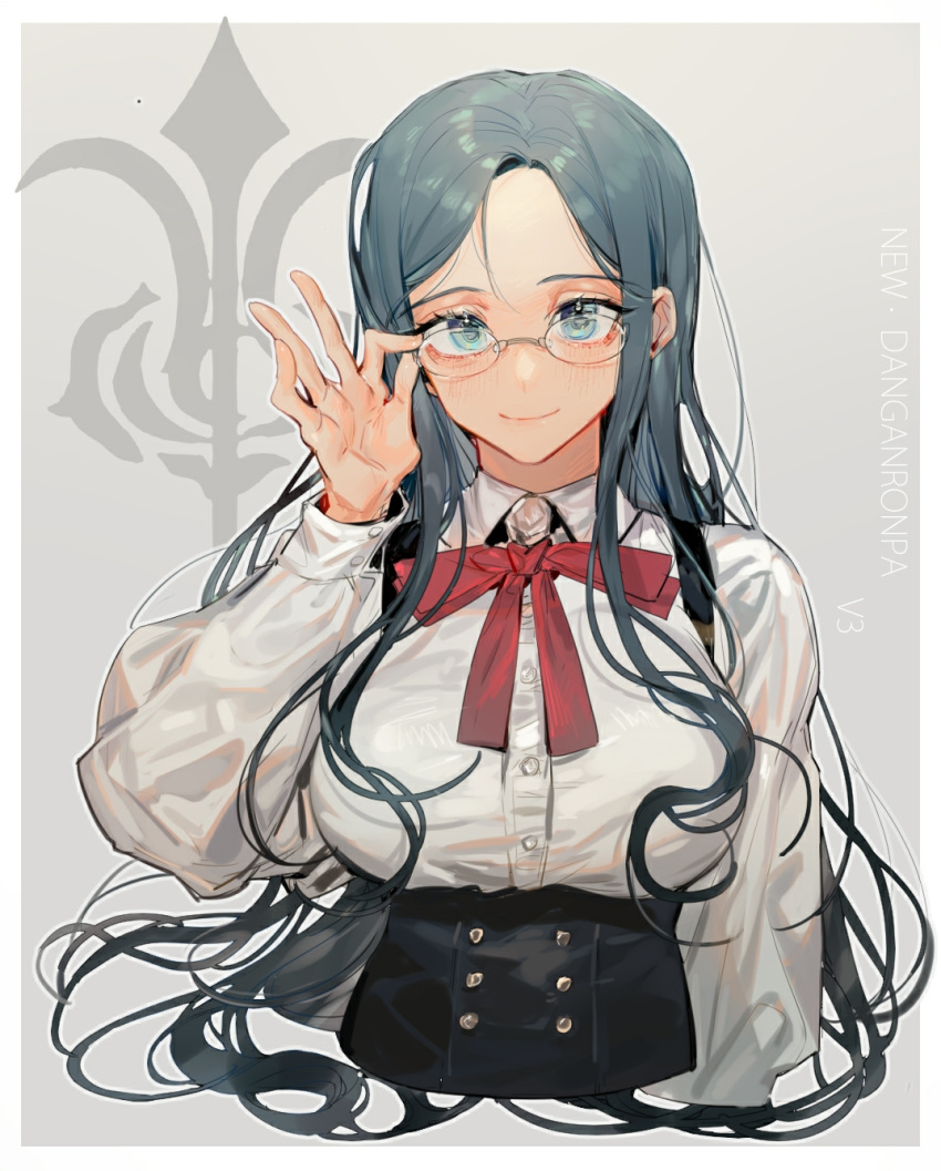 1girl adjusting_eyewear arm_at_side bangs black_corset blue_eyes blue_hair bow bowtie chinese_commentary closed_mouth collared_shirt commentary_request copyright_name corset danganronpa_(series) danganronpa_v3:_killing_harmony forehead hand_up highres lips long_hair long_sleeves looking_at_viewer parted_bangs red_bow red_bowtie rimless_eyewear shirogane_tsumugi shirt sidelocks sleeve_cuffs smile solo tian_(my_dear) upper_body very_long_hair wavy_hair white_shirt