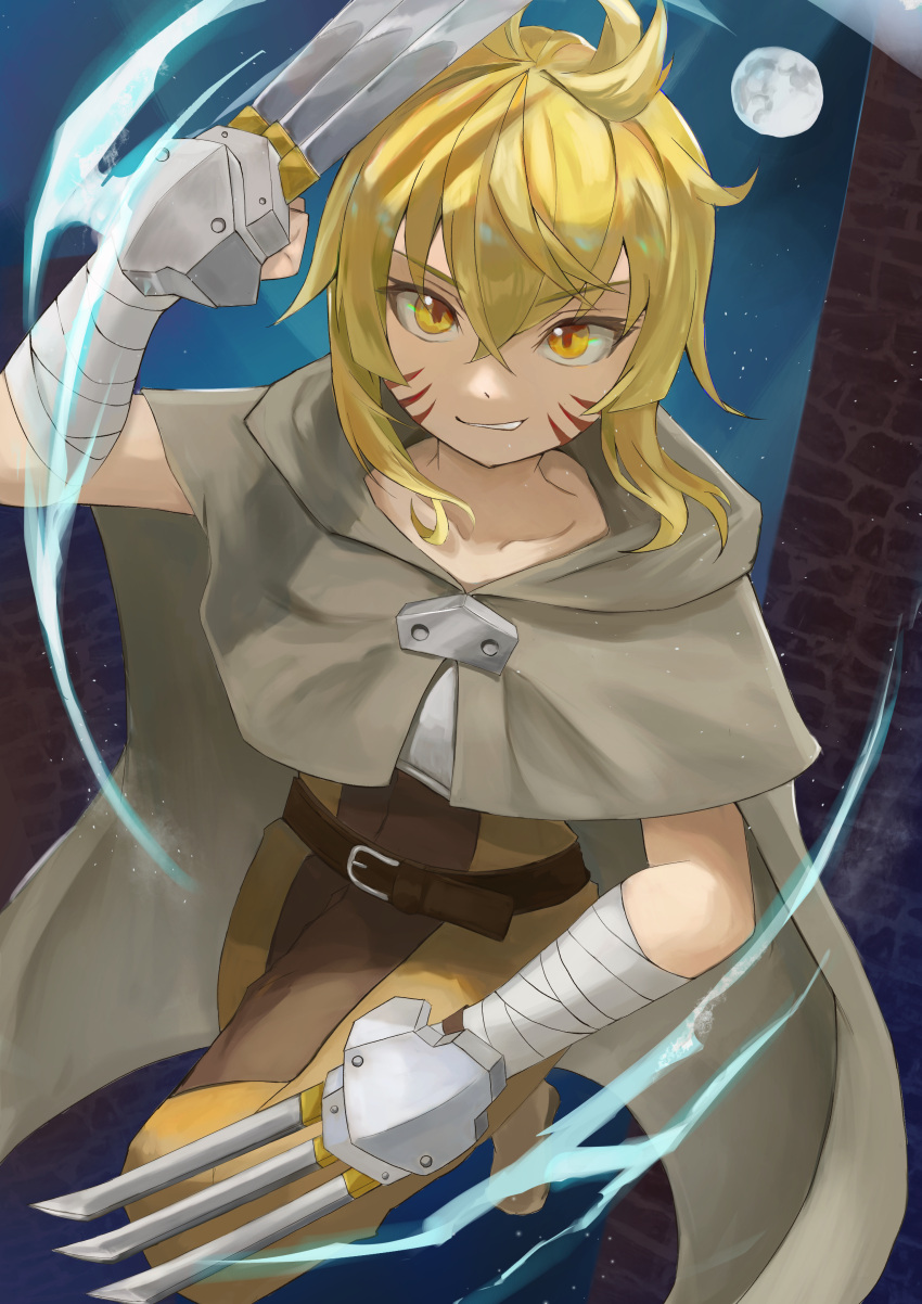 1girl absurdres argo_the_rat bandaged_arm bandages bangs blonde_hair brick_wall cape commentary_request crossed_bangs facial_mark full_moon highres looking_at_viewer moon night smile smirk solo suzui_sen sword_art_online weapon_request whisker_markings yellow_eyes