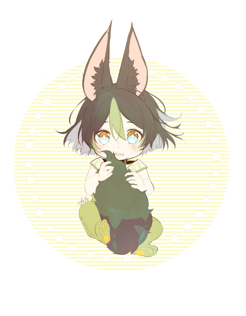 1boy absurdres aged_down animal_ear_fluff animal_ears aqua_eyes baby bangs black_hair blush english_commentary fox_boy fox_ears fox_tail full_body genshin_impact gnsn_aile022 green_hair hair_between_eyes highres holding_tail looking_at_viewer male_focus multicolored_hair open_mouth short_sleeves signature simple_background solo tail tighnari_(genshin_impact)