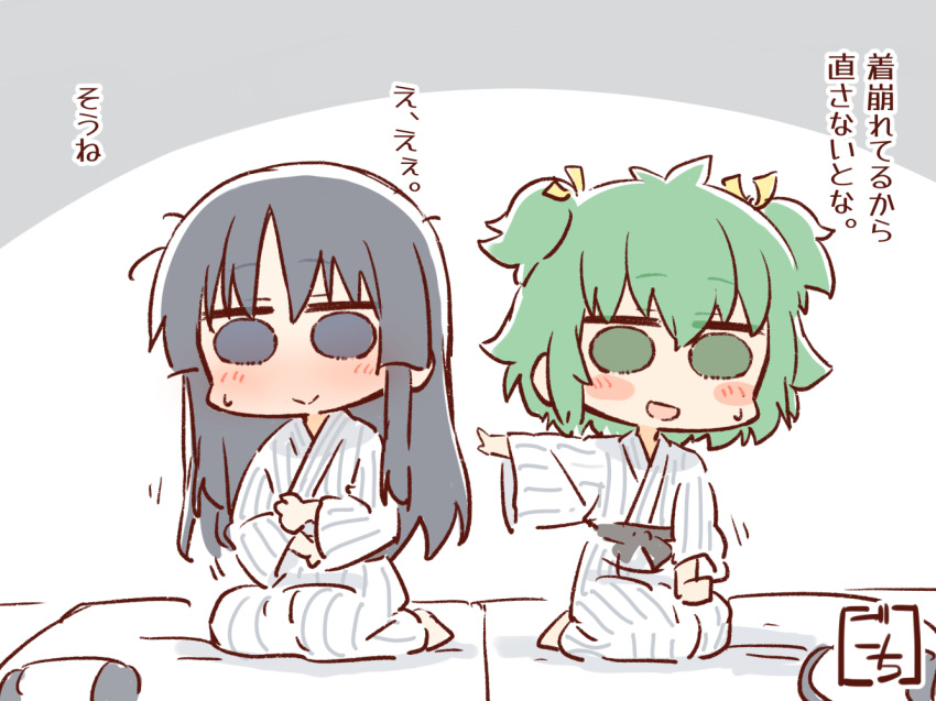 2girls :&gt; :d adjusting_clothes antenna_hair artist_name assault_lily bangs barefoot bath_yukata black_eyes blush chibi closed_mouth commentary_request futon gochisousama_(tanin050) green_eyes green_hair grey_background hair_between_eyes hair_ribbon hand_on_lap hand_up hands_up japanese_clothes kimono long_hair long_sleeves looking_at_viewer messy_hair motion_lines multiple_girls on_bed outstretched_arm pointing pointing_at_another ribbon seiza shirai_yuyu short_hair sitting smile solid_circle_eyes striped striped_kimono sweatdrop translated two-tone_background two_side_up vertical-striped_kimono vertical_stripes white_background white_kimono wide_sleeves yellow_ribbon yoshimura_thi_mai yukata