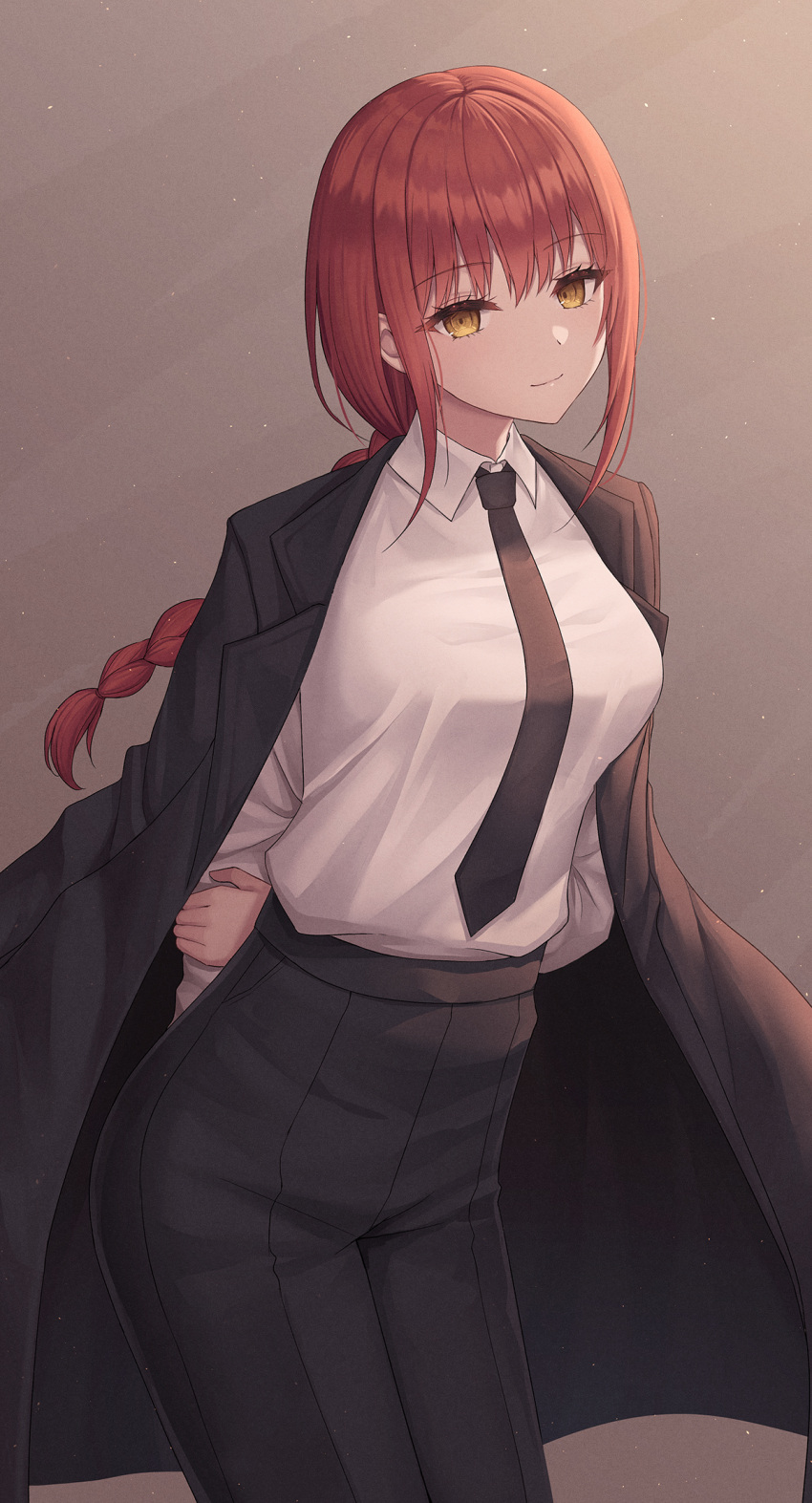 1girl black_necktie black_pants braid braided_ponytail brown_background chainsaw_man closed_mouth commentary formal gradient gradient_background highres long_hair looking_at_viewer makima_(chainsaw_man) necktie pants redhead seungju_lee shirt smile solo standing suit white_shirt yellow_eyes
