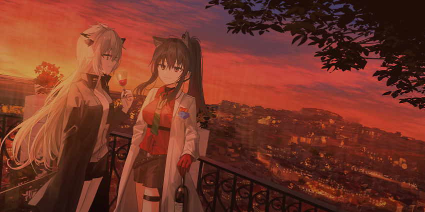 2girls animal_ears arknights black_coat black_shorts bottle breasts chihuri coat cup dress_coat drinking_glass dutch_angle evening extra_ears gloves green_necktie grey_eyes grey_hair highres holding holding_bottle holding_cup lappland_(arknights) long_hair long_sleeves looking_at_another looking_at_viewer medium_breasts multiple_girls necktie official_alternate_costume open_clothes open_coat outdoors ponytail railing red_eyes red_gloves red_shirt red_sky shirt shorts sky sunset texas_(arknights) texas_(willpower)_(arknights) thigh_strap tree very_long_hair white_coat white_shirt wine_bottle wine_glass wolf_ears