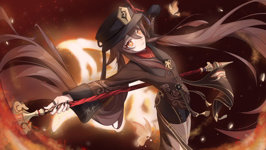 1girl absurdres bangs black_headwear black_nails black_shirt black_shorts brown_hair chinese_clothes genshin_impact highres holding holding_polearm holding_weapon hu_tao_(genshin_impact) jewelry long_hair looking_at_viewer nail_polish ooo_wange polearm red_eyes ring shirt shorts solo spear twintails weapon