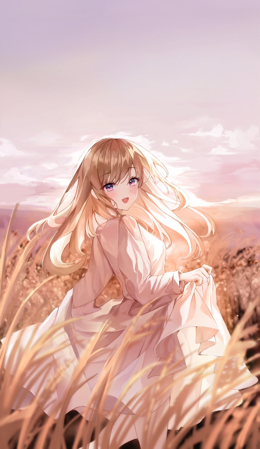 1girl :d absurdres autumn bangs blurry blurry_background blurry_foreground blush brown_hair choc clear_sky clouds commentary cowboy_shot day dress highres holding holding_clothes holding_dress leg_up light light_brown_hair long_hair long_sleeves looking_at_viewer open_mouth original pink_eyes purple_sky shiny shiny_hair sky smile solo sunset swept_bangs symbol-only_commentary walking wheat_field white_dress