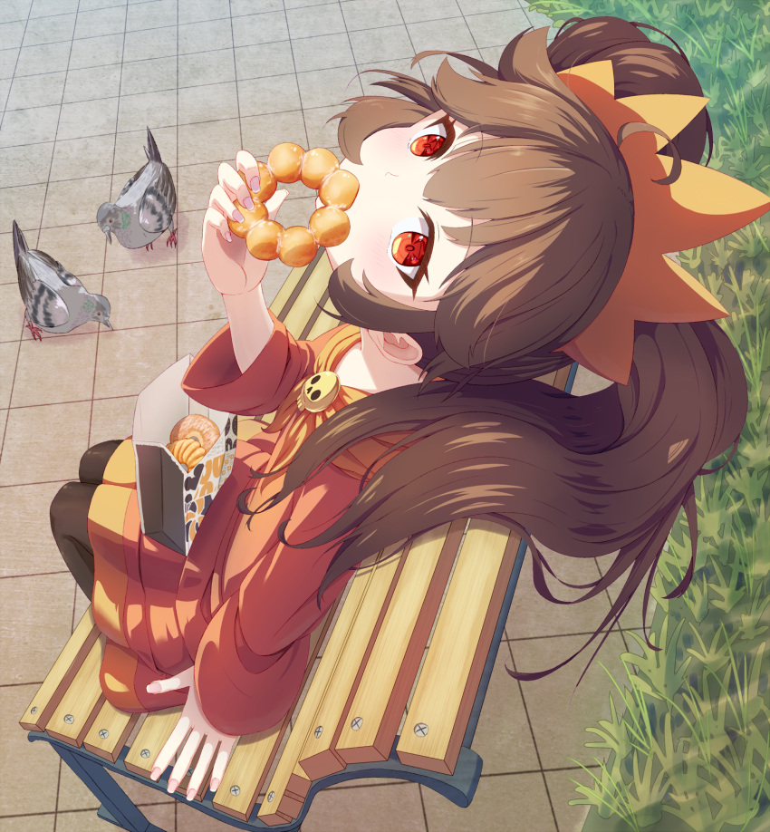 1girl ashley_(warioware) bag bangs bench bird black_hair black_leggings doughnut dress eating food hairband highres holding holding_food leggings long_hair long_sleeves looking_at_viewer looking_up matchamassa neckerchief orange_hairband orange_neckerchief pantyhose pigeon red_dress red_eyes sitting_on_bench twintails warioware wide_sleeves