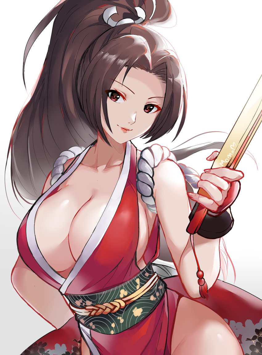 1girl absurdres bangs bare_shoulders breasts brown_hair cleavage closed_mouth collarbone commentary_request fatal_fury fingernails folded_fan folding_fan hand_fan hand_on_hip highres holding japanese_clothes king_of_fighters large_breasts long_hair looking_at_viewer makeup momoru ninja no_bra obi parted_bangs ponytail revealing_clothes rope sash shiny shiny_hair shiny_skin shiranui_mai signature simple_background the_king_of_fighters thighs