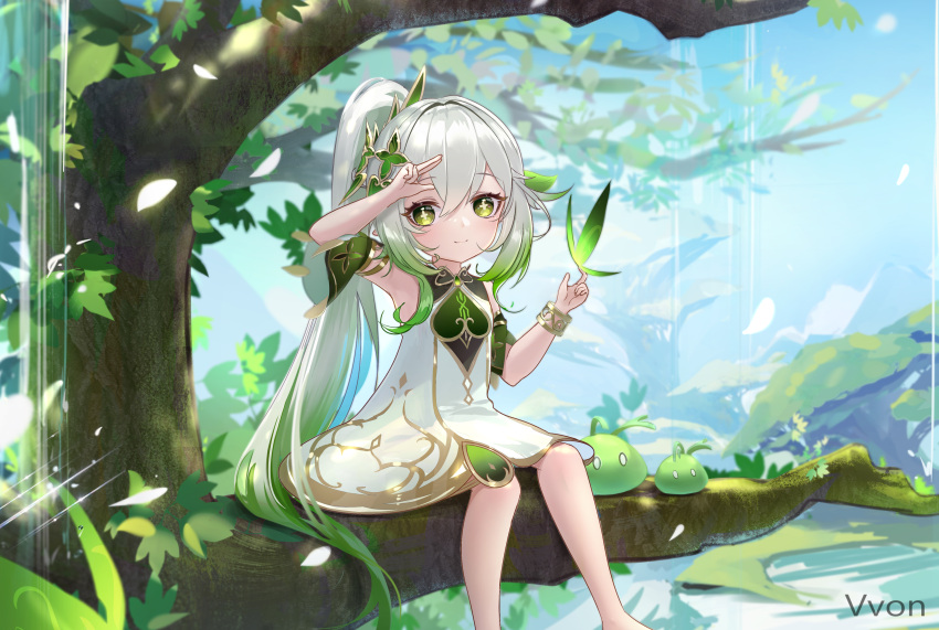 1girl absurdres arm_up armlet artist_name bangs bracelet closed_mouth commentary_request cross-shaped_pupils day dress feet_out_of_frame genshin_impact gradient_hair green_eyes green_hair hair_between_eyes hair_intakes hair_ornament hand_up high_ponytail highres in_tree jewelry leaf leaf_hair_ornament long_hair looking_at_viewer multicolored_hair nahida_(genshin_impact) nature outdoors sitting sitting_in_tree sleeveless sleeveless_dress slime_(genshin_impact) smile solo tree two-tone_hair v-von very_long_hair white_dress white_hair