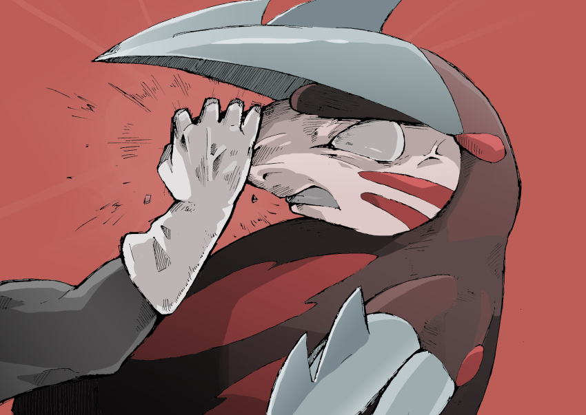 1other anger_vein animal_focus black_shirt blade clenched_hand clenched_teeth commentary_request constricted_pupils excadrill from_side gerigoo gloves hand_on_another's_face hand_up highres injury long_sleeves pokemon pokemon_(creature) profile red_background shirt simple_background solo_focus teeth upper_body white_gloves