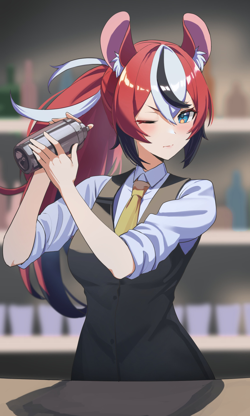 1girl 2022 absurdres animal_ear_fluff animal_ears bangs bartender black_hair blurry blurry_background blush closed_mouth cocktail_shaker collared_shirt counter cup frown hair_between_eyes hakos_baelz highres holding holding_cup hololive hololive_english long_hair long_sleeves mouse_ears mouse_girl multicolored_hair necktie one_eye_closed ponytail redhead reulem shirt sleeves_rolled_up solo standing streaked_hair vest white_hair white_shirt yellow_necktie