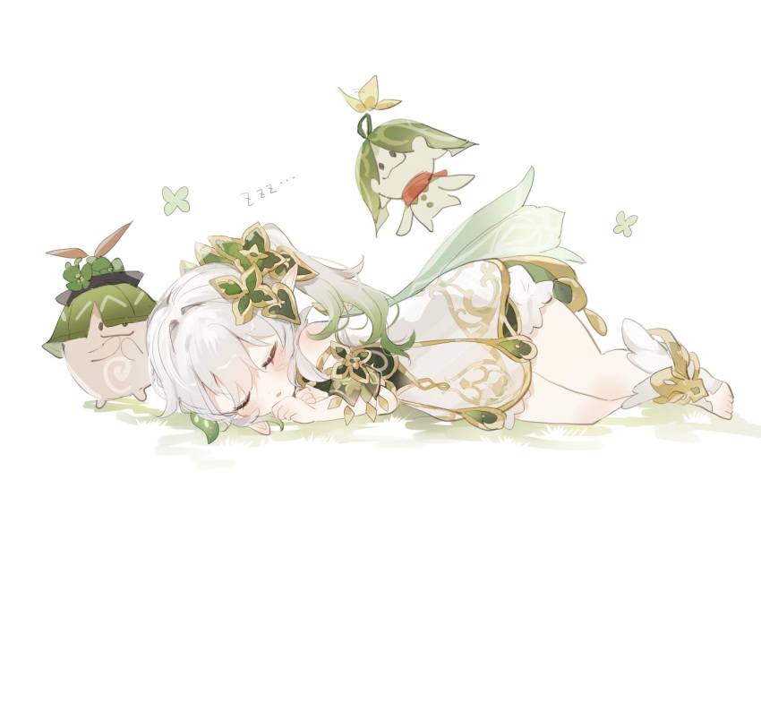 1girl bloomers cape character_request closed_eyes dress full_body genshin_impact gradient_hair green_cape green_hair hair_ornament highres lying multicolored_hair nahida_(genshin_impact) on_side open_mouth side_ponytail simple_background sleeping sorani_(kaeru0768) underwear white_background white_dress white_hair