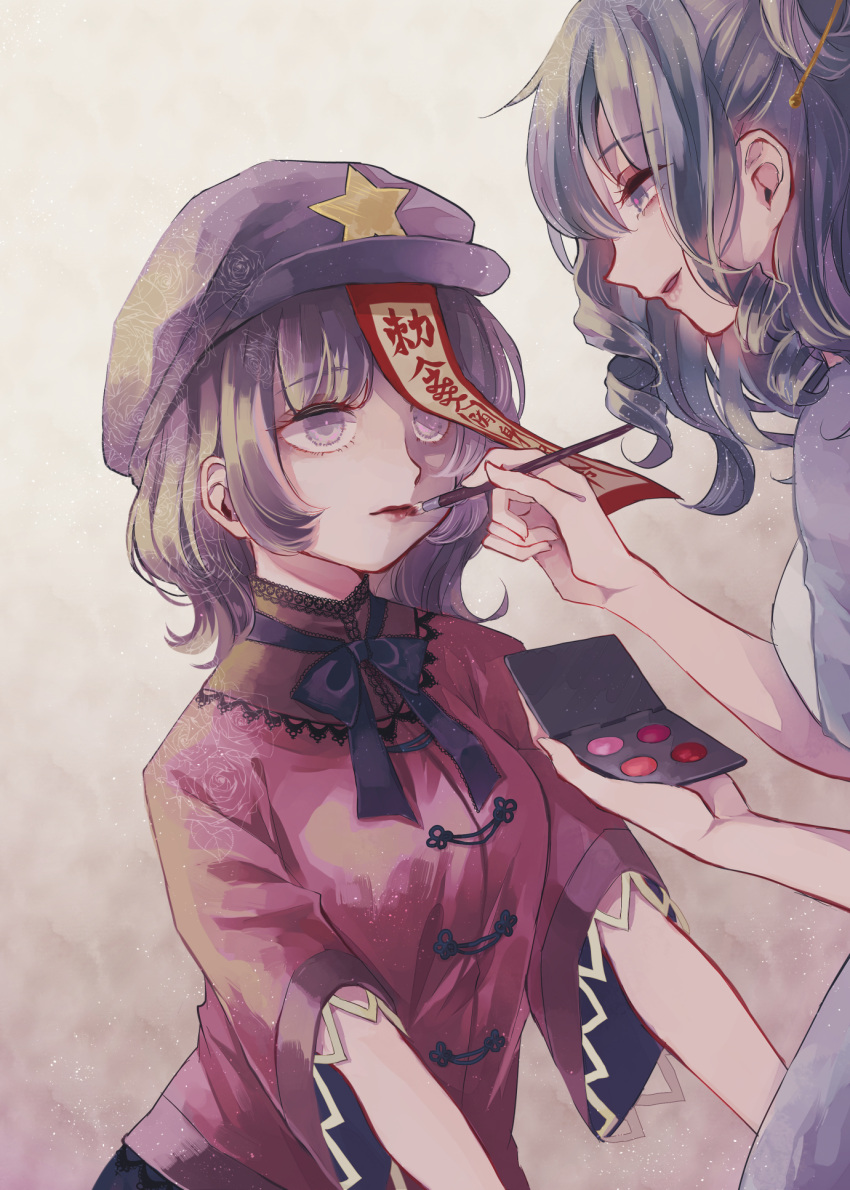 2girls black_bow black_bowtie blue_dress blue_eyes blue_hair bow bowtie breasts cabbie_hat chinese_clothes collared_shirt commentary_request dress empty_eyes flat_cap green_skirt hair_ornament hair_rings hair_stick hat hat_ornament highres holding holding_brush jiangshi kaku_seiga m_(neteitai10) miyako_yoshika multiple_girls ofuda_on_head outstretched_arms purple_hair purple_headwear red_lips red_skirt shirt short_sleeves skirt small_breasts star_(symbol) star_hat_ornament tangzhuang touhou violet_eyes zombie_pose