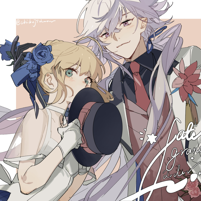 absurdres artoria_pendragon_(fate) blonde_hair blue_flower dress fate/grand_order fate_(series) flower formal gloves green_eyes grey_hair hat highres long_hair merlin_(fate) necktie ponytail red_tie saber_lily short_hair signature smile suit violet_eyes white_dress white_hair white_suit zhibuji_loom