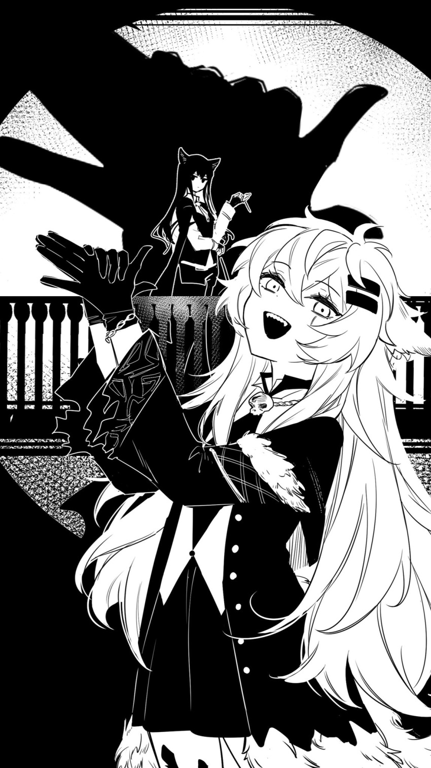 2girls :d arknights bangs cigarette coat fangs fox_shadow_puppet greyscale hair_between_eyes hair_ornament hairclip highres holding holding_cigarette kaleka lappland_(arknights) lappland_(refined_horrormare)_(arknights) long_hair long_sleeves messy_hair monochrome multiple_girls official_alternate_costume open_clothes open_coat open_mouth oripathy_lesion_(arknights) smile teeth texas_(arknights) texas_the_omertosa_(arknights) upper_teeth very_long_hair