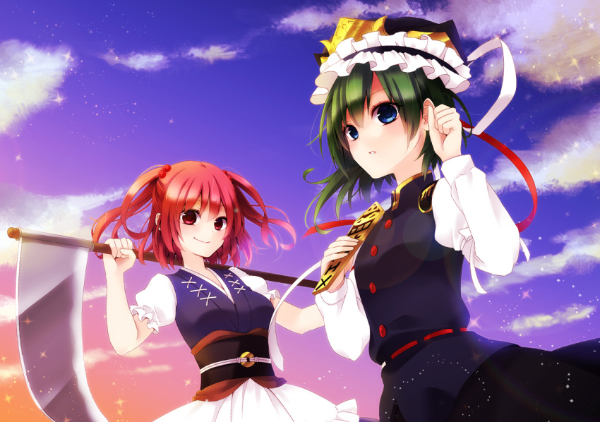 2girls asymmetrical_hair black_headwear black_vest blue_eyes chitose_(usacan) closed_mouth clouds coin frilled_hat frills gradient_sky green_hair hair_bobbles hair_ornament hat holding holding_scythe long_sleeves looking_at_viewer multiple_girls obi onozuka_komachi open_mouth outdoors red_eyes redhead rod_of_remorse sash scythe shiki_eiki shirt short_hair sky smile touhou two_side_up vest white_shirt