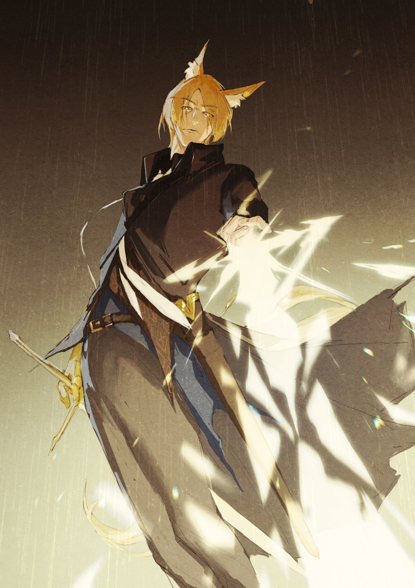 1boy absurdres animal_ears arknights belt black_coat black_pants blonde_hair chinese_commentary coat commentary_request energy_sword frown gallamania highres horse_boy horse_ears horse_tail long_sleeves looking_at_viewer male_focus mlynar_(arknights) pants rain short_hair solo standing sword tail trench_coat weapon yellow_eyes