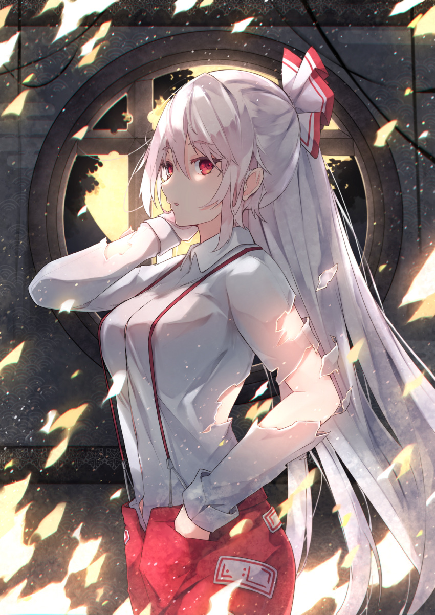 1girl arm_up bangs black_sky bow breasts buttons chiroru_(cheese-roll) collared_shirt commission fire fujiwara_no_mokou full_moon grey_bow grey_hair grey_shirt hair_between_eyes hair_bow hand_in_pocket hand_up highres indoors leaf long_hair long_sleeves looking_at_viewer medium_breasts moon multicolored_bow night night_sky ofuda ofuda_on_clothes open_mouth pants pocket red_bow red_eyes red_pants shirt sky solo standing suspenders touhou tree wall window wing_collar yellow_moon