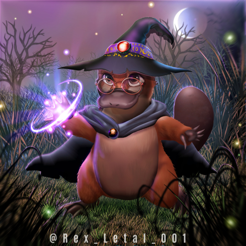 animal brown_eyes cape furry glasses hat highres magic non-web_source original platypus smile tail webbed_feet webbed_hands wizard_hat