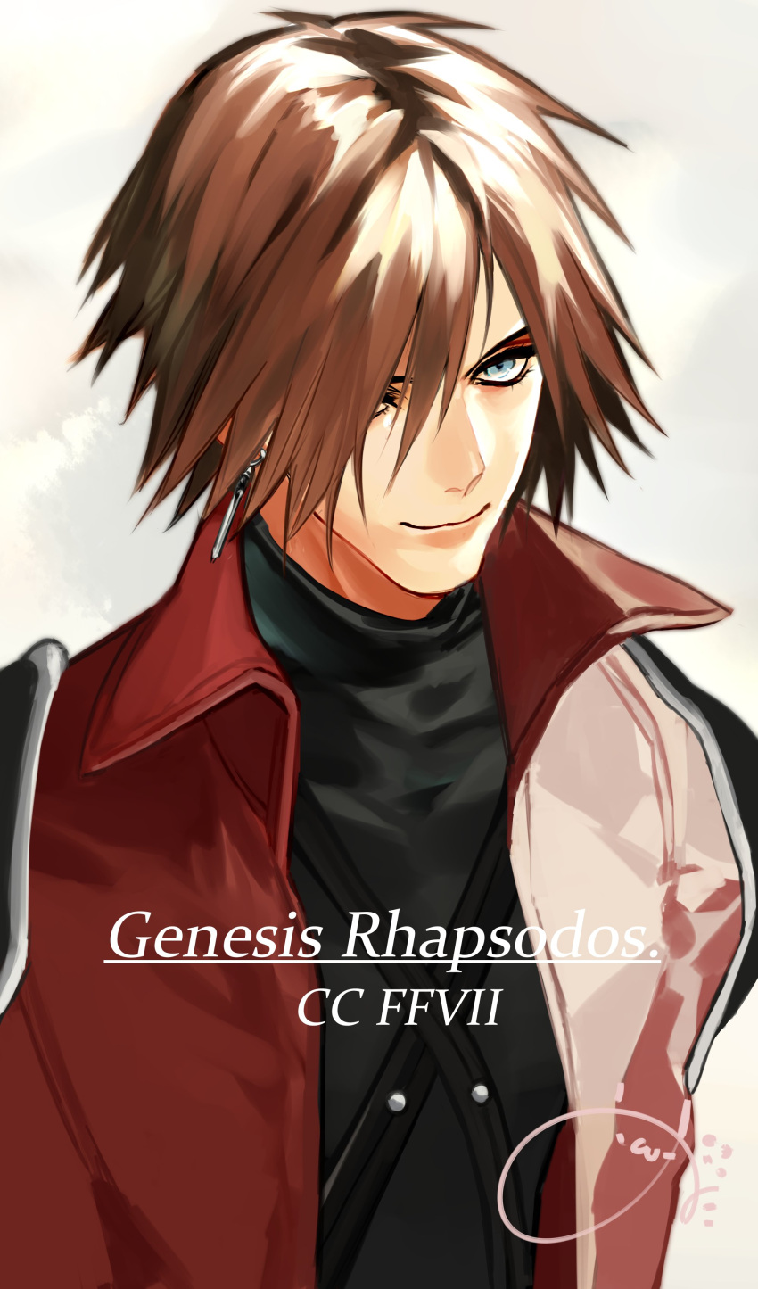 1boy absurdres armor black_shirt blue_eyes brown_hair character_name chest_strap crisis_core_final_fantasy_vii earrings final_fantasy final_fantasy_vii g_meta0w0 genesis_rhapsodos grey_background hair_between_eyes hair_over_one_eye highres jacket jewelry long_sleeves looking_to_the_side male_focus popped_collar red_jacket shirt short_hair shoulder_armor smile solo turtleneck upper_body