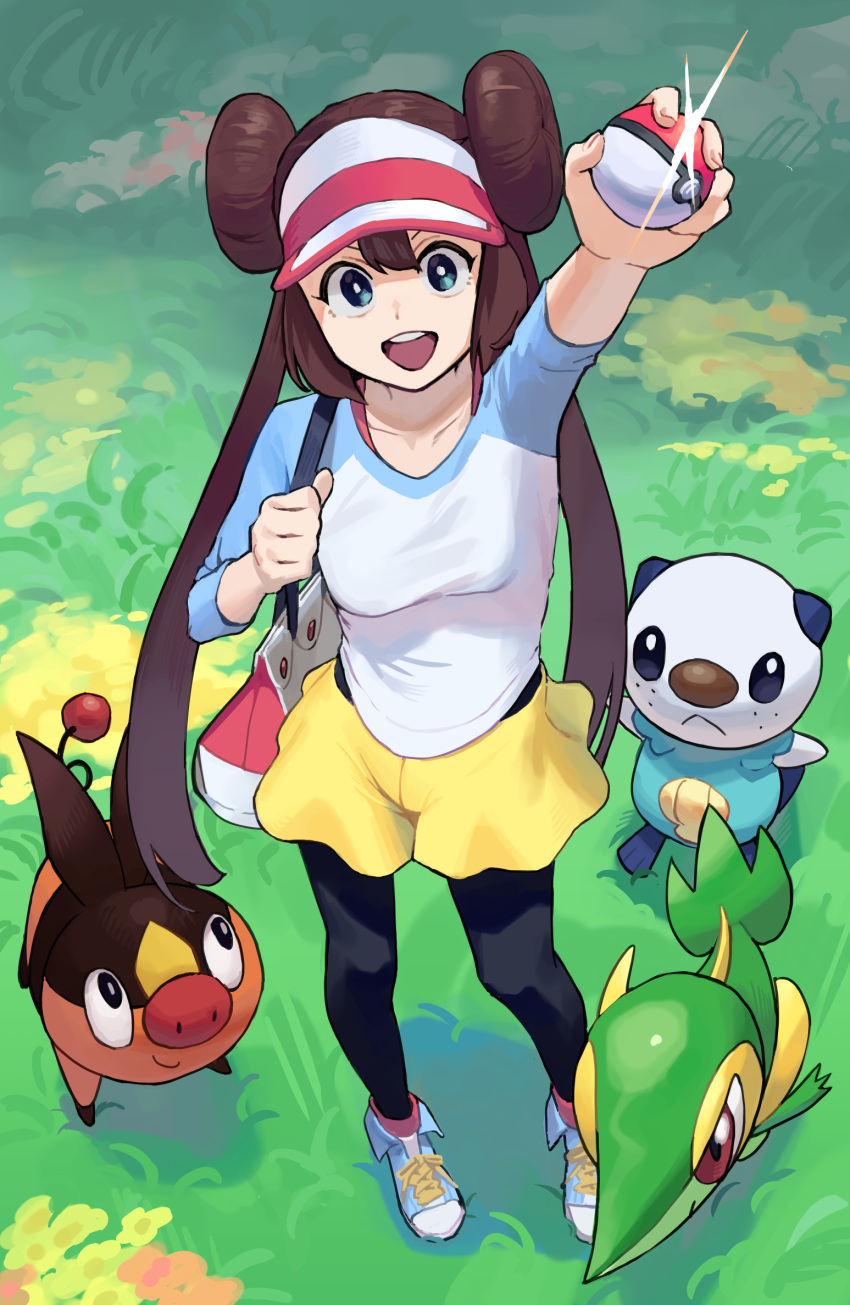 1girl :d arm_up bag black_pantyhose breasts bright_pupils brown_hair commentary double_bun doughnut_hair_bun flower grass green_eyes hair_bun handbag highres holding holding_poke_ball holding_strap legwear_under_shorts long_hair looking_at_viewer open_mouth oshawott pantyhose poke_ball poke_ball_(basic) pokemon pokemon_(creature) pokemon_(game) pokemon_bw2 raglan_sleeves rosa_(pokemon) shoes shorts smile sneakers snivy some1else45 standing starter_pokemon_trio teeth tepig tongue twintails upper_teeth visor_cap white_headwear yellow_flower yellow_shorts