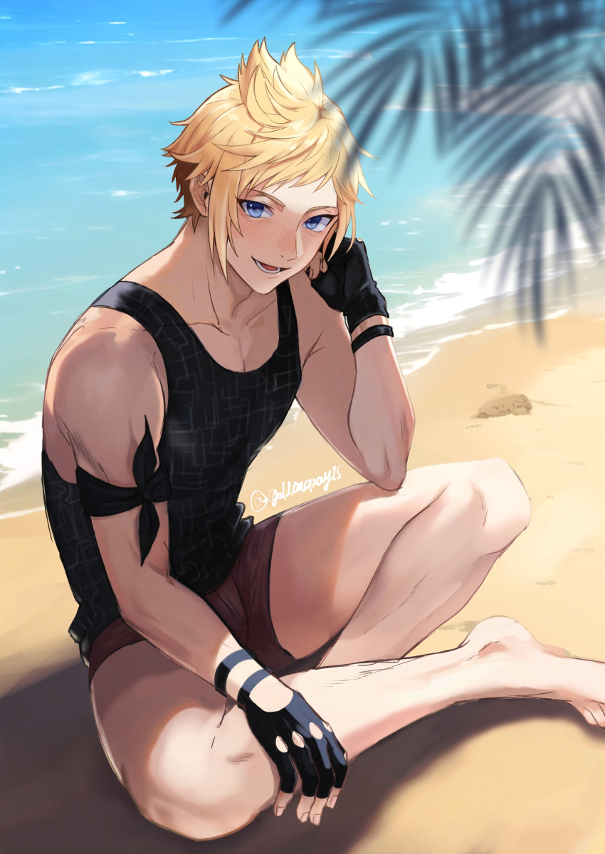 1boy absurdres arm_up bangs bare_shoulders barefoot beach black_gloves black_shirt blonde_hair blurry blurry_foreground blush brown_footwear final_fantasy final_fantasy_xv fingerless_gloves full_body galdinquay15 gloves hand_to_own_face highres indian_style looking_at_viewer lower_teeth male_focus ocean open_mouth outdoors palm_tree print_shirt prompto_argentum shirt short_hair sitting smile solo spiky_hair swept_bangs tank_top teeth tree twitter_username