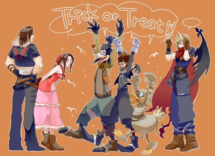 ... 1girl 5boys aerith_gainsborough armor arms_up baggy_pants bangs bare_arms bird black_footwear black_jacket black_pants blonde_hair blue_pants blue_shirt boots braid braided_ponytail breasts brown_footwear brown_gloves brown_hair cloak cloud_strife cosplay cropped_jacket demon_wings dog donald_duck dress duck fangs final_fantasy final_fantasy_vii final_fantasy_viii fingerless_gloves frankenstein's_monster frankenstein's_monster_(cosplay) full_body fur_trim gloves goofy green_eyes hair_ribbon halloween halter_dress halterneck hands_on_hips hands_up highres jacket kingdom_hearts kingdom_hearts_ii leaning_forward long_dress long_hair medium_breasts medium_hair multiple_boys mummy_costume official_alternate_costume open_mouth pants parted_bangs pink_dress pink_ribbon red_cloak ribbon ryouto shirt short_hair short_sleeves shoulder_armor sidelocks single_wrist_cuff sleeveless sleeveless_dress sleeveless_turtleneck smile sora_(kingdom_hearts) speech_bubble spiky_hair squall_leonhart standing thigh_strap toeless_footwear torn_cloak torn_clothes trick_or_treat turtleneck white_shirt wings wrist_cuffs