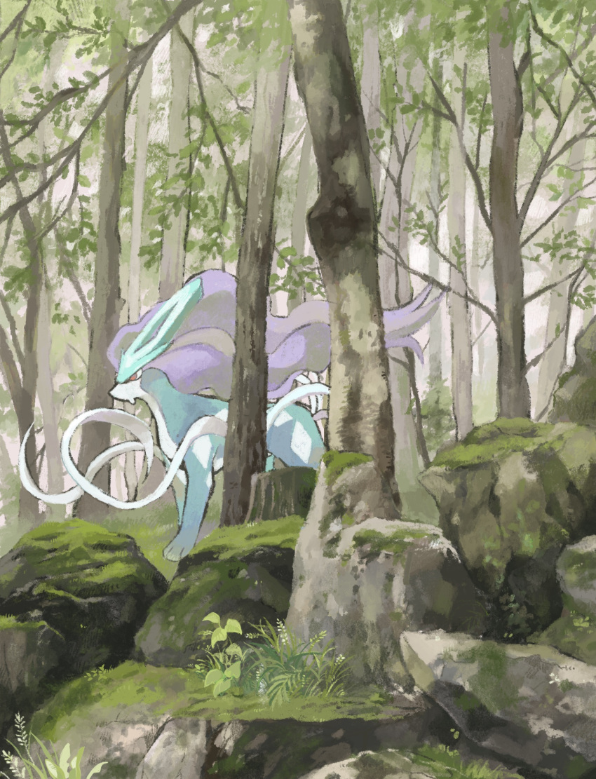 commentary_request day forest from_side highres izumi_asuka moss nature no_humans outdoors pokemon pokemon_(creature) red_eyes solo standing suicune tree tree_stump