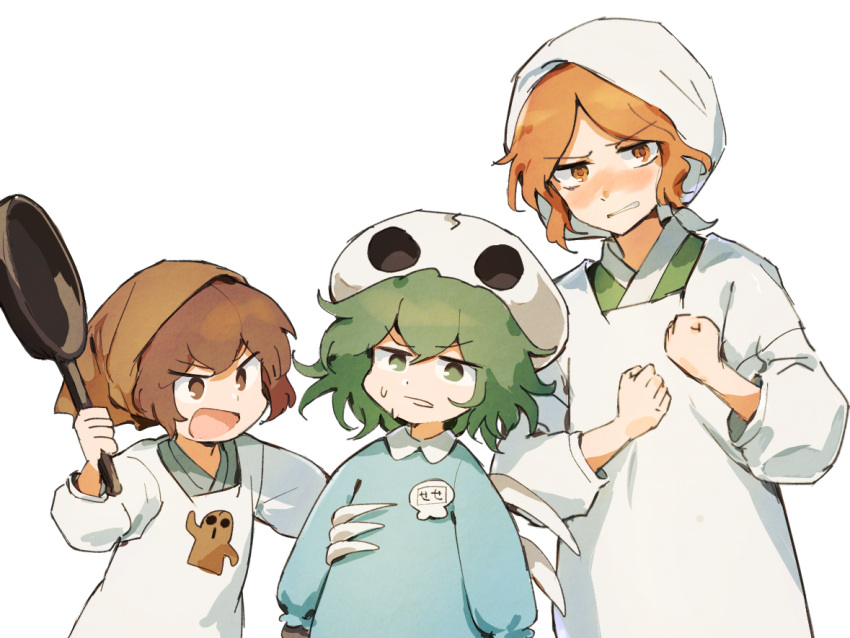 3others androgynous anger_vein angry apron bandana blue_shirt blush brown_bandana brown_eyes brown_hair green_eyes green_hair hands_up haniwa_(statue) hemo_(hemoroda) kappougi katano_sukune kindergarten_uniform kitsugai_sese len'en long_sleeves multiple_others name_tag open_mouth orange_eyes orange_hair shirt short_hair simple_background skull_on_head sweat white_background white_bandana zuifeng_tenkai