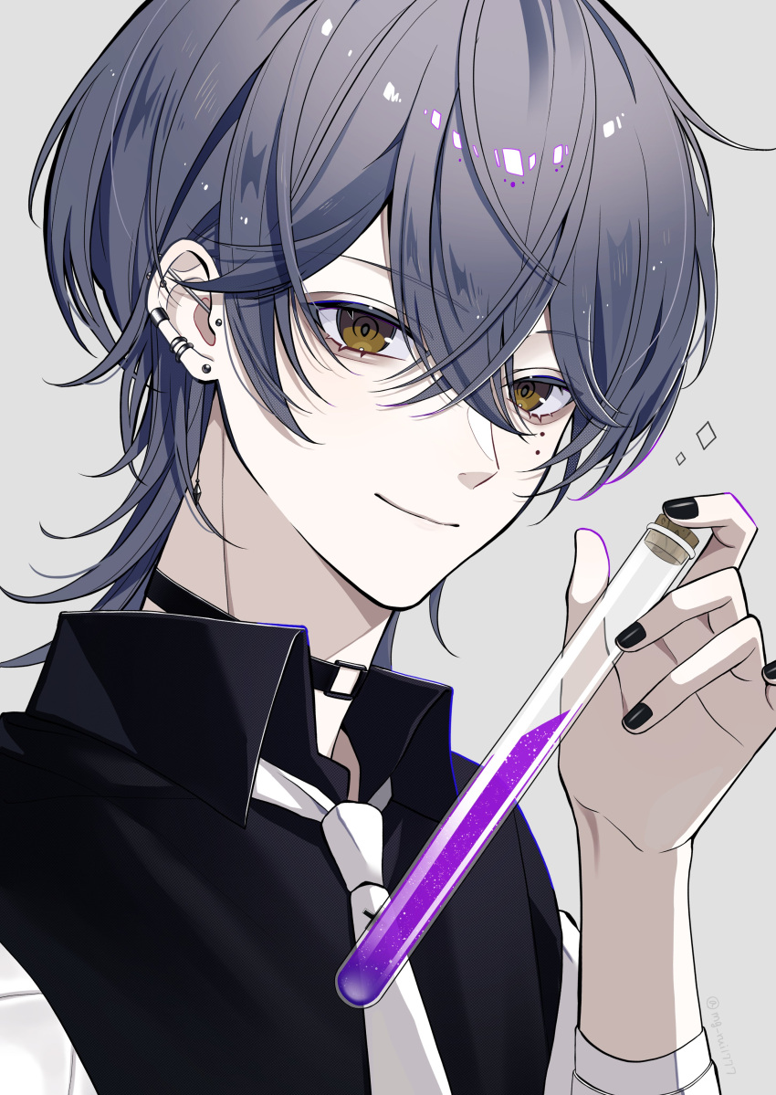 1boy absurdres ayato_galilei black_choker black_nails black_shirt choker coat collared_shirt diamond_(shape) earrings english_commentary grey_hair hana_arare hand_up highres holding holding_test_tube jewelry light_smile looking_at_viewer male_focus mixed-language_commentary mole mole_under_eye nail_polish necktie o-ring o-ring_choker pale_skin purple_liquid shirt short_hair simple_background solo stud_earrings test_tube wactor_production white_background white_coat white_necktie wing_collar yellow_eyes