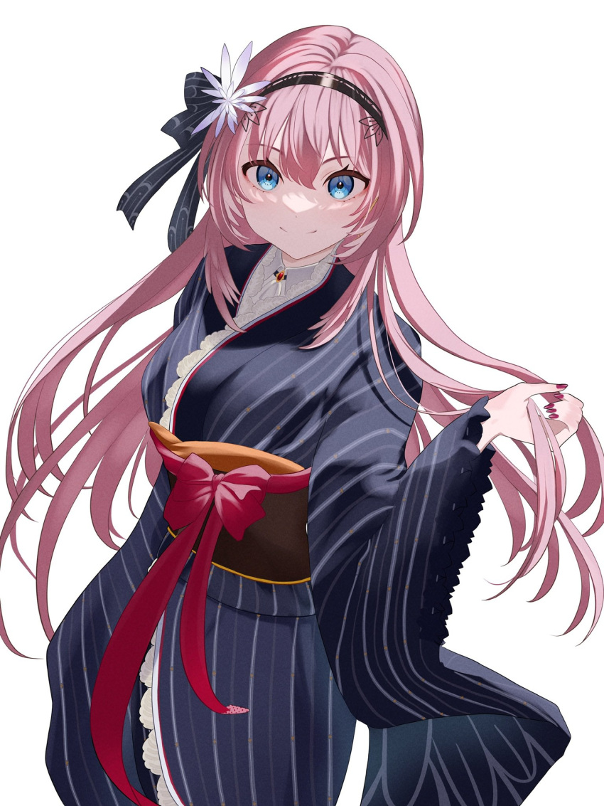 1girl bangs black_ribbon blue_eyes blue_kimono bow closed_mouth collared_shirt commentary_request cowboy_shot flower frilled_kimono frills hair_flower hair_ornament hair_ribbon hairband hand_up highres hololive japanese_clothes kimono long_hair looking_at_viewer nail_polish obi official_alternate_costume official_alternate_hairstyle pink_hair red_bow red_nails ribbon sash shadow shirt sidelocks simple_background smile solo striped striped_kimono takane_lui virtual_youtuber white_background white_shirt wide_sleeves yamagamiamami