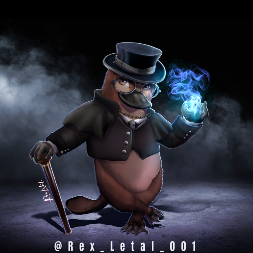 animal brown_eyes cane cape chain formal furry glasses hat highres magic non-web_source original platypus smile suit tail top_hat webbed_feet webbed_hands