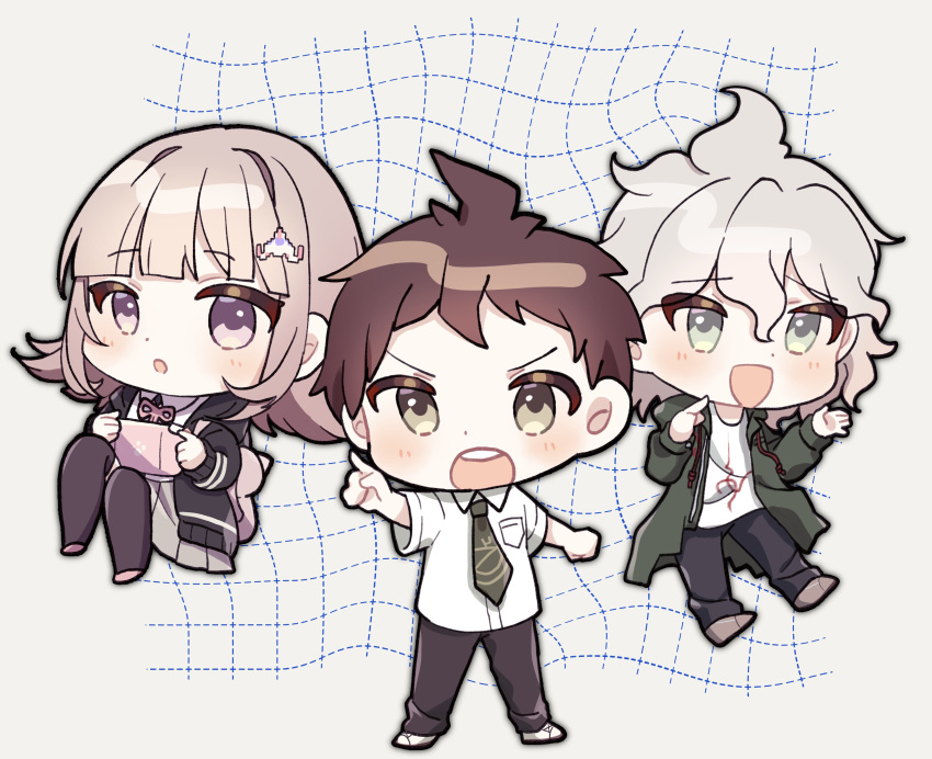 1girl 2boys :d :o absurdres bangs black_pants blush brown_hair chibi collared_shirt danganronpa_(series) danganronpa_2:_goodbye_despair flipped_hair galaga green_necktie grey_hair hair_ornament hana_no_yo handheld_game_console highres hinata_hajime holding holding_handheld_game_console hood jacket komaeda_nagito long_sleeves looking_at_viewer medium_hair messy_hair multiple_boys nanami_chiaki neck_ribbon necktie open_mouth pants pink_eyes pointing print_shirt ribbon shirt short_sleeves skirt smile thigh-highs white_shirt