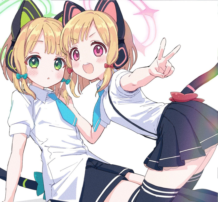 2girls :d aqua_bow black_shorts black_skirt black_thighhighs blonde_hair blue_archive blue_necktie blush bow cat_ear_headphones collared_shirt fake_tail green_eyes hair_bow halo headphones highres looking_at_viewer midori_(blue_archive) momoi_(blue_archive) multiple_girls necktie parted_lips pink_eyes pleated_skirt red_bow shirt short_sleeves shorts siblings simple_background sisters skirt smile suspenders tail tail_bow tail_ornament thigh-highs tibaridooor twins v white_background white_shirt