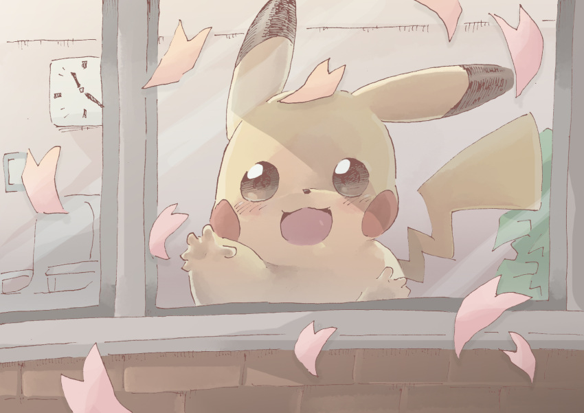:3 against_glass animal_focus blush blush_stickers brown_eyes cherry_blossoms clock commentary_request gerigoo hand_up happy highres indoors looking_at_viewer no_humans open_mouth petals pokemon pokemon_(creature) sketch smile spring_(season) straight-on window