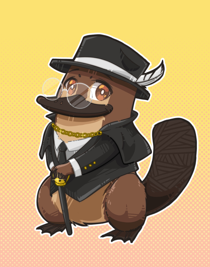 absurdres animal brown_eyes cane cape chain formal furry glasses hat highres necktie non-web_source original platypus smile suit tail top_hat webbed_feet webbed_hands