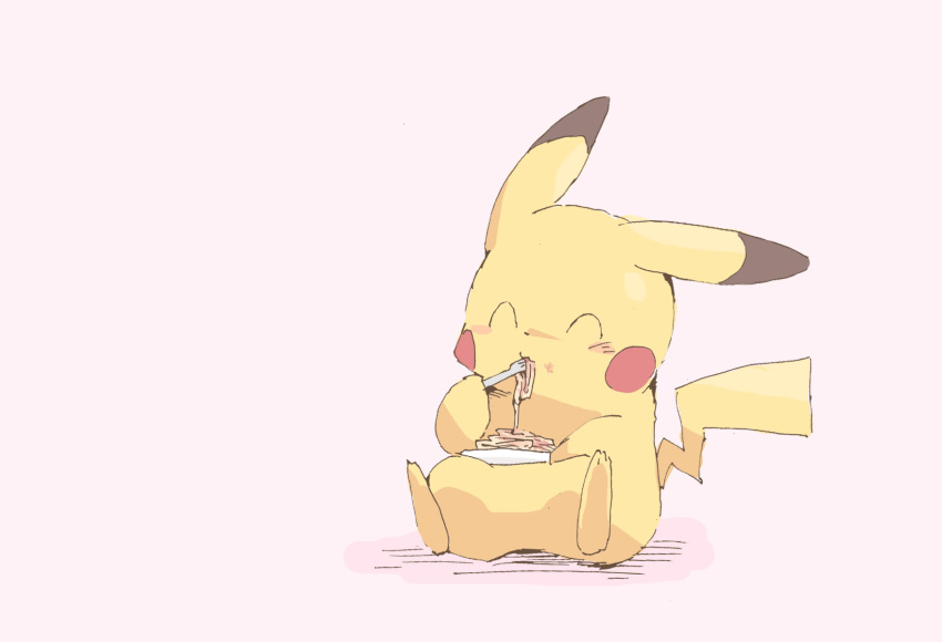 :3 ^_^ animal_focus blush blush_stickers closed_eyes commentary_request derigoo eating food food_on_face fork full_body hand_up happy highres holding holding_fork holding_plate no_humans open_mouth partial_commentary pasta pikachu pink_background plate pokemon pokemon_(creature) simple_background sitting sketch smile solo spaghetti