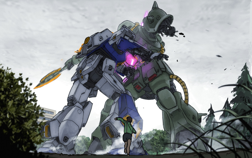 alfred_izuruha bad_end battle beam_saber bernard_wiseman building cable child christina_mackenzie clouds damaged death debris defeat dust energy_beam energy_sword forest glowing good_end gundam gundam_0080 gundam_alex heat_hawk highres machinery mecha mobile_suit nature nights_(iovjat5tfuq3inz) one-eyed plant robot running science_fiction shield shorts sketch spoilers stab sword tree victory weapon wreckage zaku_ii_fz_kai