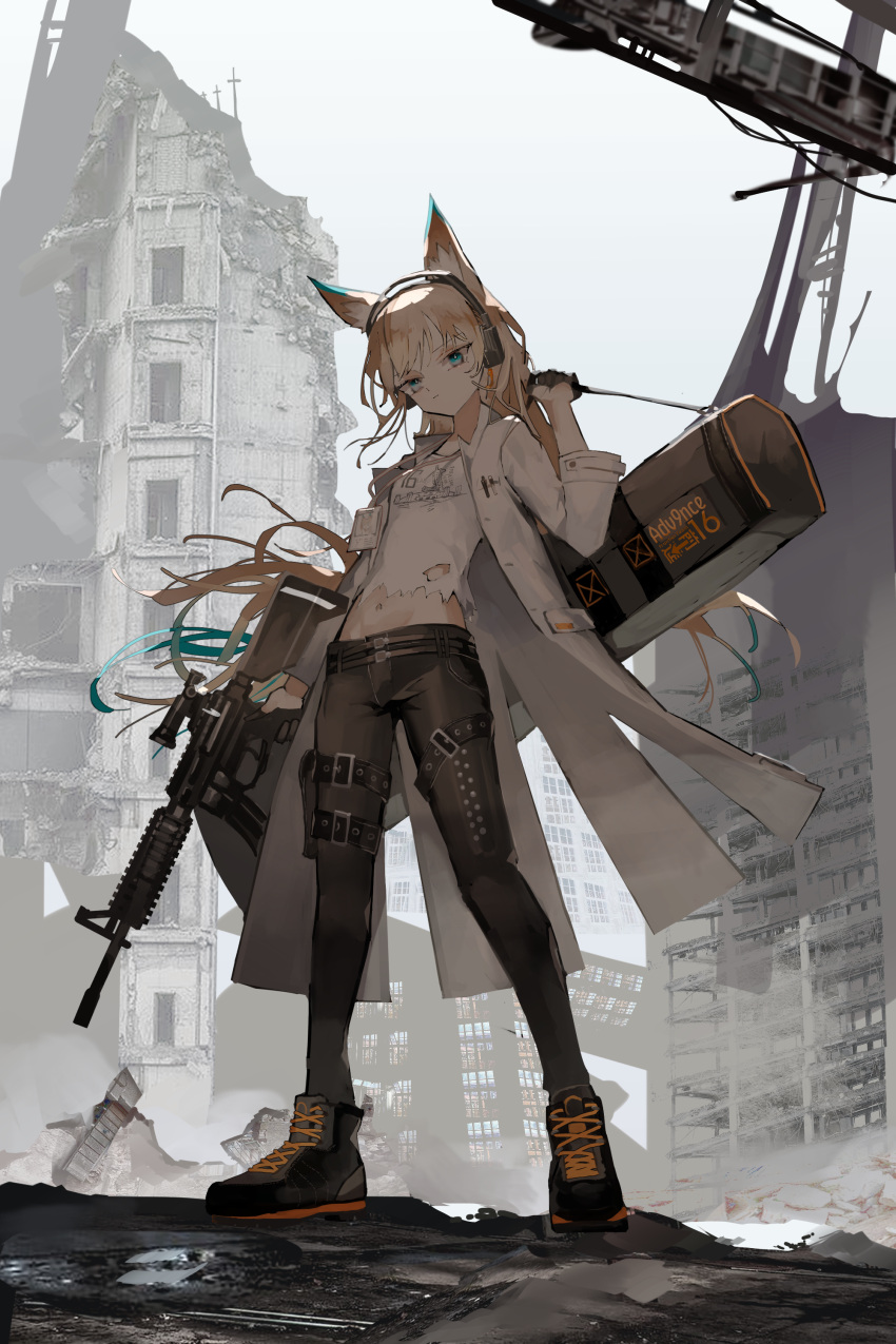 1girl 2022 absurdres animal_ears assault_rifle blonde_hair closed_mouth destruction fox_ears fox_girl frown full_body glasses gun headphones highres holding holding_gun holding_weapon kensei_(v2) labcoat long_hair long_sleeves looking_at_viewer navel original outdoors rifle rubble shirt shoes solo standing torn_clothes torn_shirt weapon white_shirt