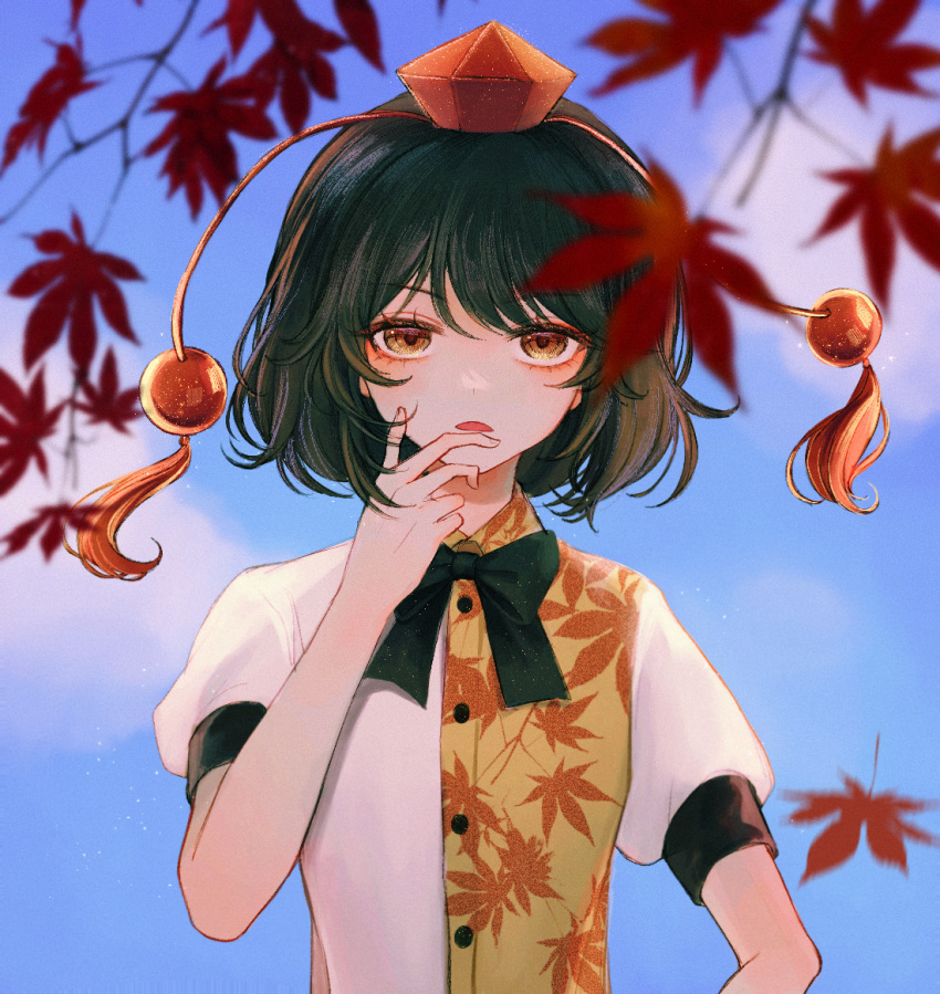 1girl autumn_leaves bangs black_bow black_bowtie black_hair blue_sky bow bowtie branch brown_eyes buttons clouds cloudy_sky collared_shirt grey_shirt hair_between_eyes hand_on_own_face hand_up hat hourai_kiriri leaf leaf_print looking_away open_mouth pom_pom_(clothes) puffy_short_sleeves puffy_sleeves red_headwear shameimaru_aya shirt short_hair short_sleeves sky solo tokin_hat touhou upper_body