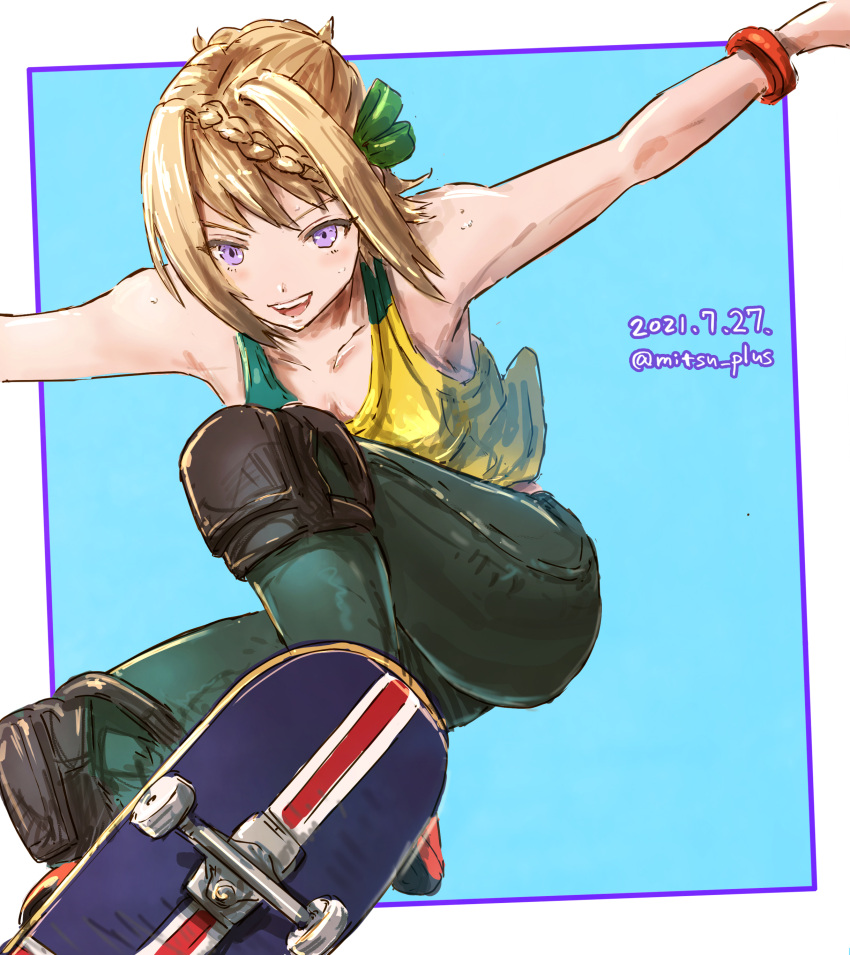1girl :d absurdres alternate_costume blonde_hair blue_background border braid collarbone dated green_pants green_ribbon green_tank_top hair_ribbon highres holding holding_skateboard kantai_collection knee_pads looking_at_viewer mitsu_plus ollie_(skateboarding) one-hour_drawing_challenge outstretched_arms pants perspective perth_(kancolle) ribbon short_hair simple_background skateboard smile solo tank_top twitter_username two-tone_shirt violet_eyes white_border yellow_tank_top