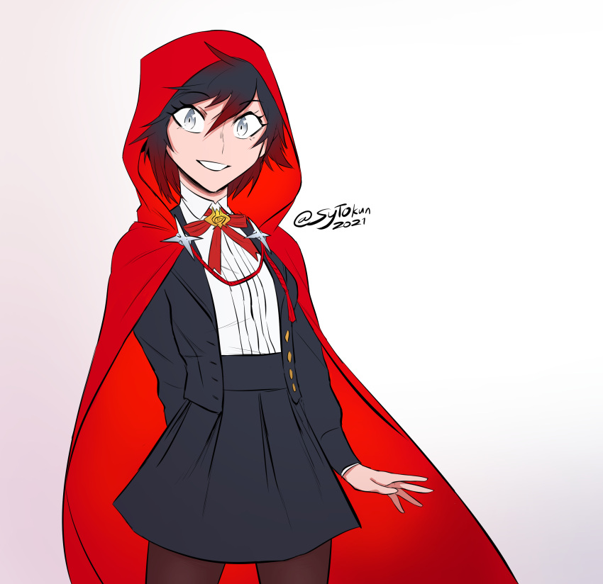 1girl absurdres alternate_costume arm_behind_back black_jacket black_skirt bow bowtie brown_pantyhose cape grey_eyes highres hood hooded_cape jacket looking_at_viewer multicolored_hair open_clothes open_hand open_jacket open_mouth pantyhose red_bow red_bowtie red_cape ruby_rose rwby school_uniform shirt signature skirt smile solo sytokun tassel uniform white_shirt