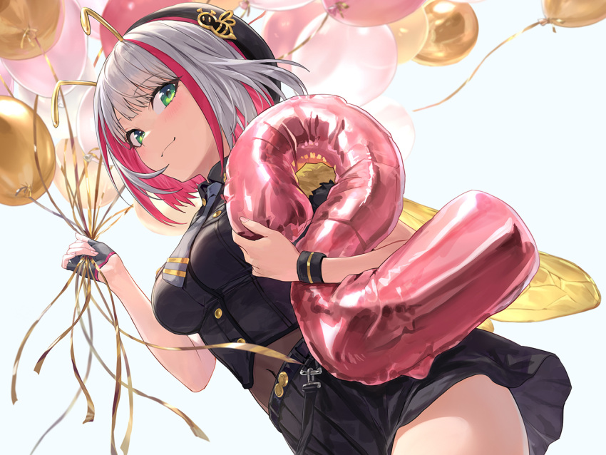 1girl anniversary antennae balloon bee_wings black_headwear black_shirt black_skirt blue_necktie breasts closed_mouth fingerless_gloves gloves green_eyes grey_hair guchico half_gloves hat holding holding_balloon indie_virtual_youtuber insect_wings looking_at_viewer medium_breasts medium_hair miniskirt mitsuzaki_aya_(character) multicolored_hair navel necktie shirt single_glove skirt smile solo standing streaked_hair wings wristband