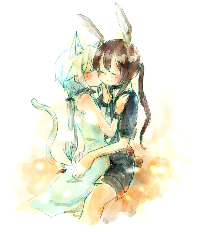 2girls alternate_costume alternate_hairstyle amiya_(arknights) animal_ear_fluff animal_ears arknights bangs blush brown_hair cat_ears cat_girl cat_tail closed_eyes closed_mouth dress hands_on_another's_hips highres hug kiss kissing_cheek long_hair multiple_girls muro ponytail rabbit_ears rabbit_girl rabbit_tail rosmontis_(arknights) short_sleeves shorts sitting sleeveless sleeveless_dress smile tail white_dress white_hair yuri