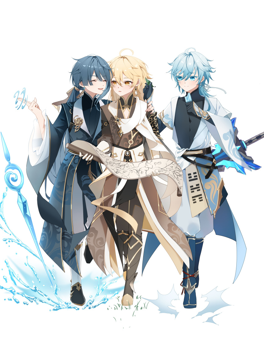 3boys absurdres aether_(genshin_impact) alternate_costume black_bodysuit blonde_hair blue_eyes blue_hair bodysuit buzheng61241 cape chinese_clothes chongyun_(genshin_impact) claymore_(sword) closed_eyes earrings food genshin_impact hair_between_eyes highres ice_cream jewelry long_hair long_sleeves male_focus multiple_boys open_mouth scarf short_hair single_earring smile tassel tassel_earrings weapon weapon_on_back xingqiu_(genshin_impact) yellow_eyes