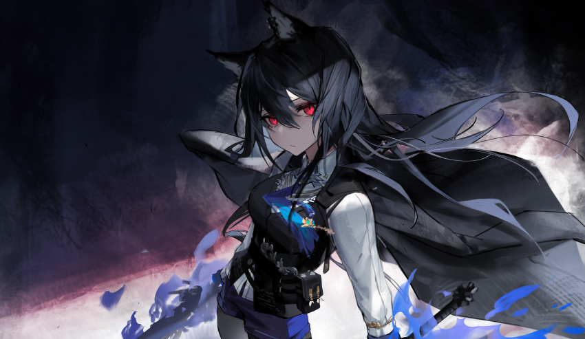 1girl absurdres animal_ear_fluff animal_ears arknights black_cape black_hair black_pantyhose black_vest blue_fire blue_necktie blue_shorts cape closed_mouth collared_shirt fire gkd111 highres holding holding_sword holding_weapon long_hair necktie pantyhose red_eyes shirt shorts solo sword texas_(arknights) texas_the_omertosa_(arknights) very_long_hair vest weapon white_shirt wolf_ears
