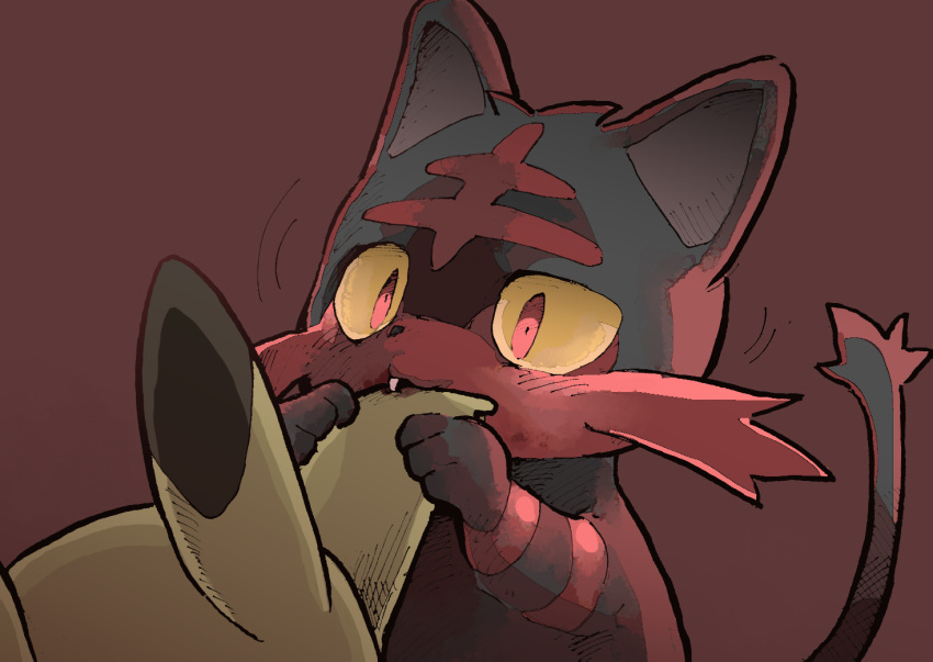 :3 animal_focus biting blood cat colored_sclera dark fang gerigoo glowing glowing_eyes hands_up injury litten motion_lines no_humans open_mouth pikachu pokemon pokemon_(creature) red_background red_eyes simple_background solo_focus upper_body yellow_sclera